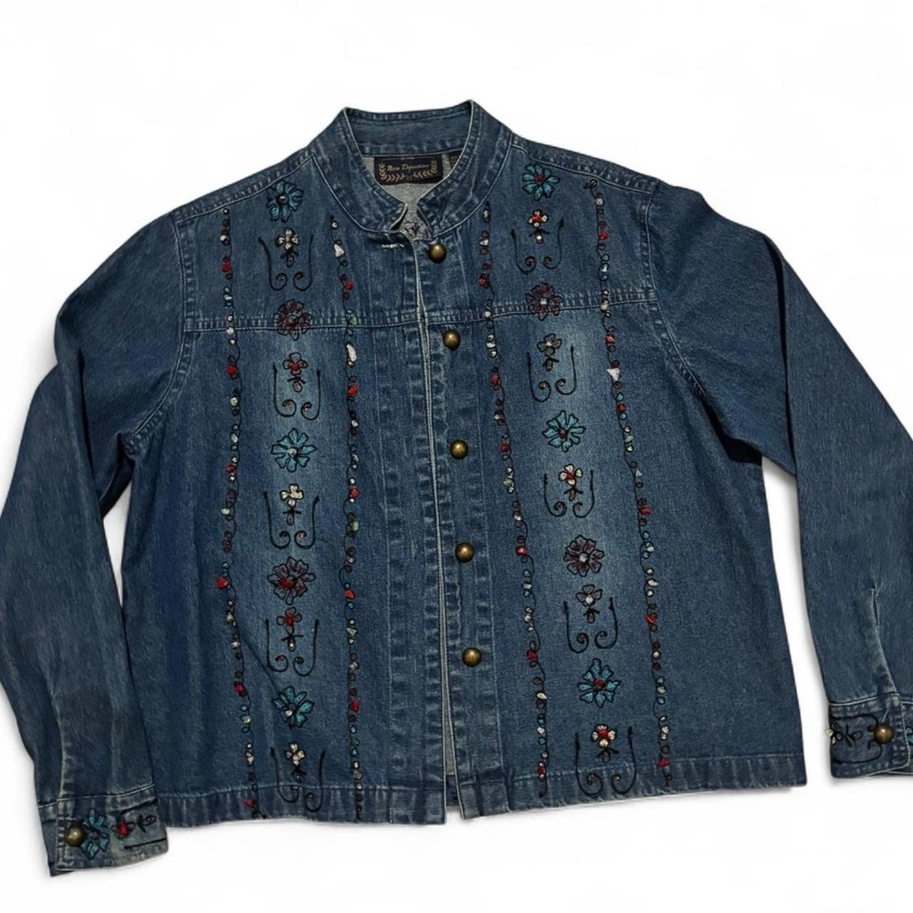 Vintage Floral Embroidered Denim Jacket with Beaded Stones, Size Large